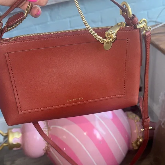 ZAC POSEN Leather Crossbody Bag Brown Gold Chain Strap Chic Small Purse - Picture 4 of 7